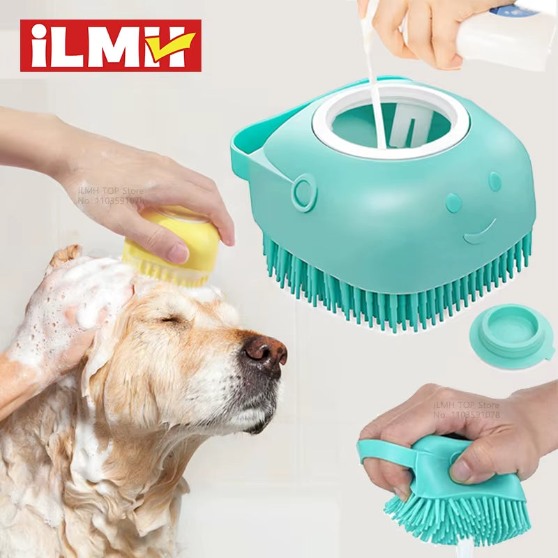 Dog Bathing Brush Pet Massage Brush Shampoo Dispenser Soft Silicone Brush Rubber Bristle for Dogs and Cats Shower Grooming Tool